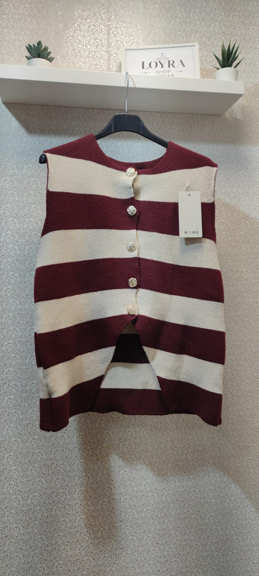 Chaleco de Punto a Rayas con Botones Decorativos