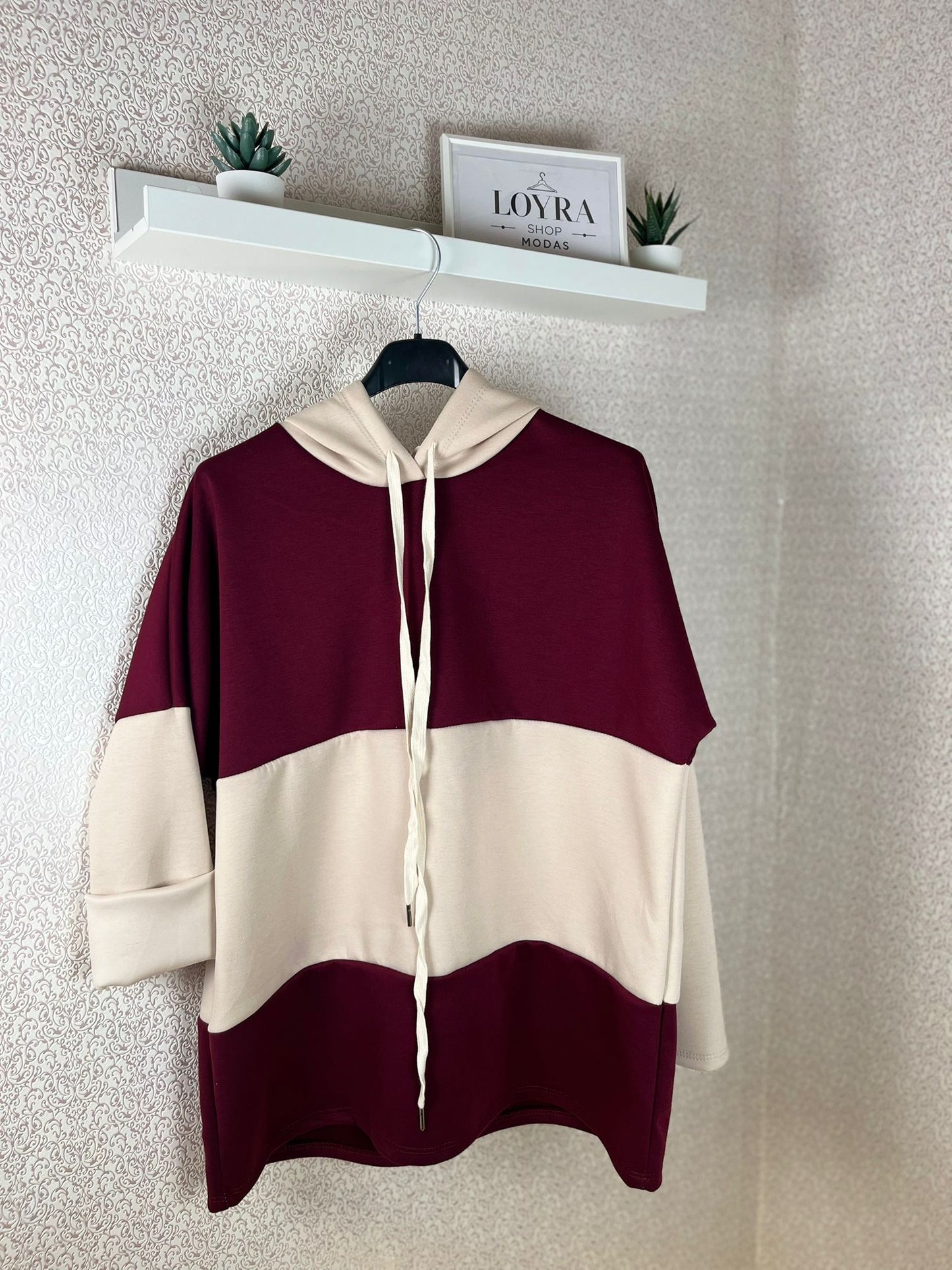 Sudadera con Capucha Tricolor - Burdeos y Beige