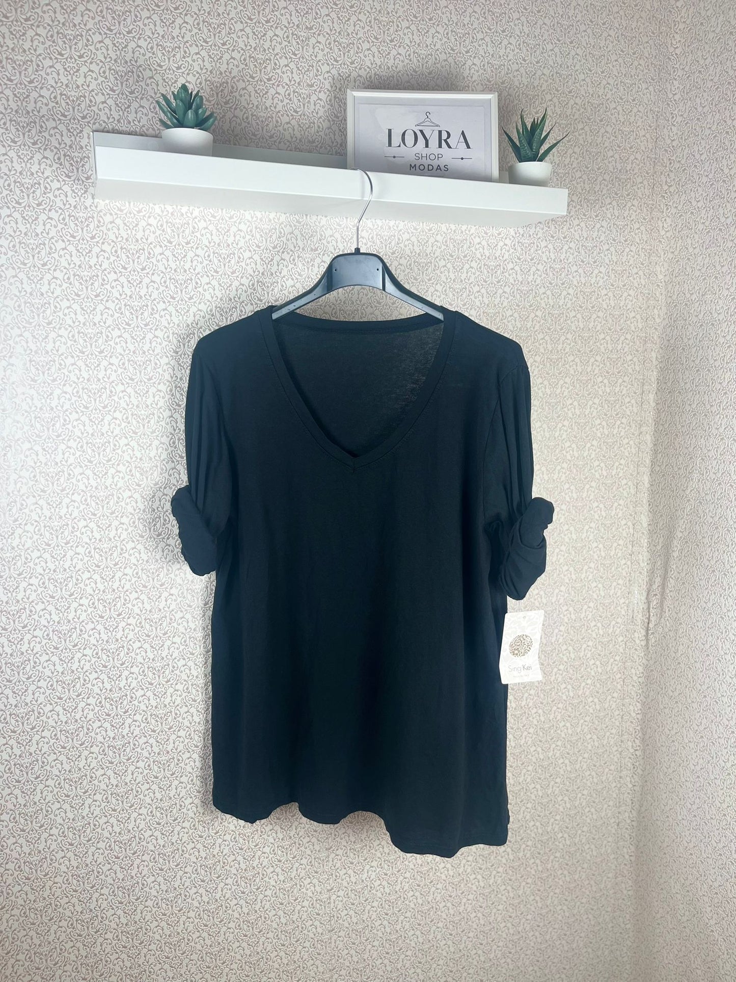 Camisa BásicaBlusa Negra Oversize Mujer - Escote en V y Manga Corta