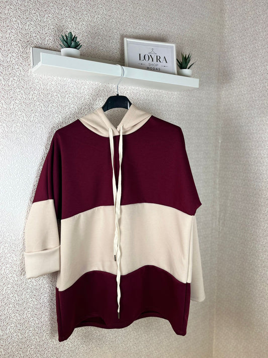 Sudadera con Capucha Tricolor - Burdeos y Beige