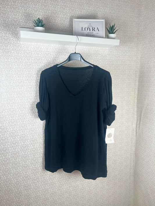 Camisa BásicaBlusa Negra Oversize Mujer - Escote en V y Manga Corta