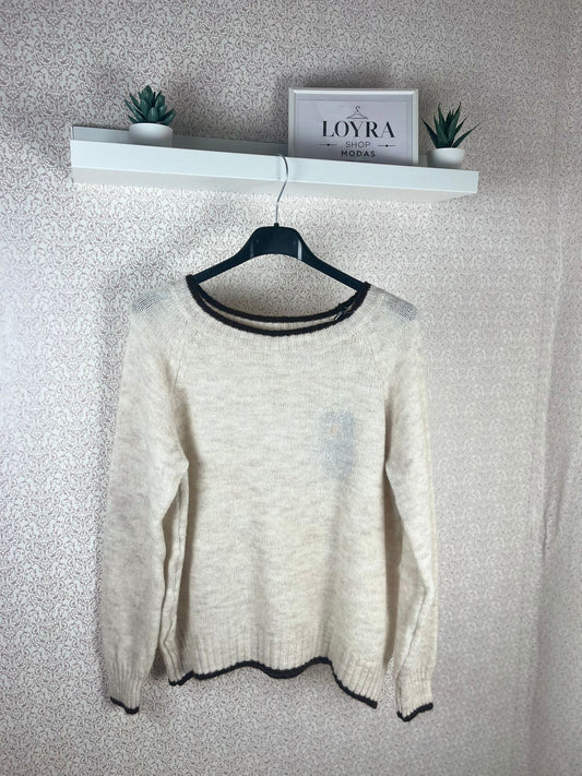 Jersey Punto Mujer Beige con Ribete Marrón - Suave y Cálido