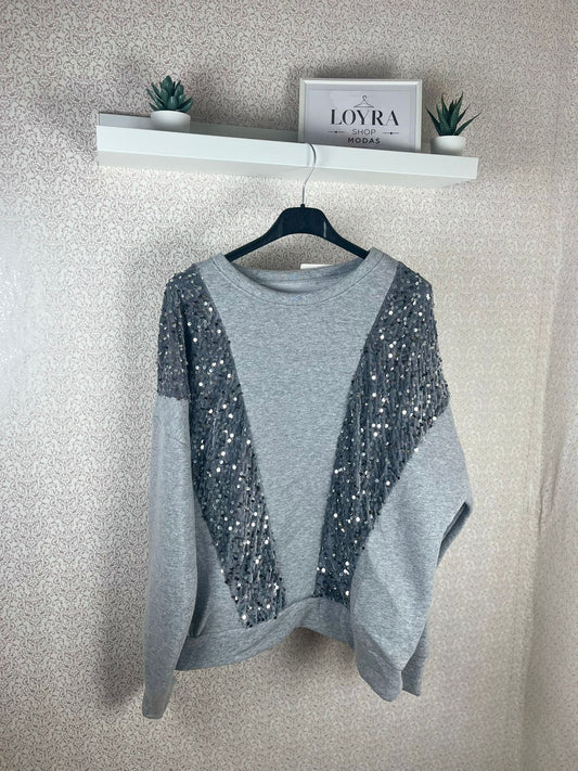 Sudadera Mujer Gris con Lentejuelas Plateadas - Elegante