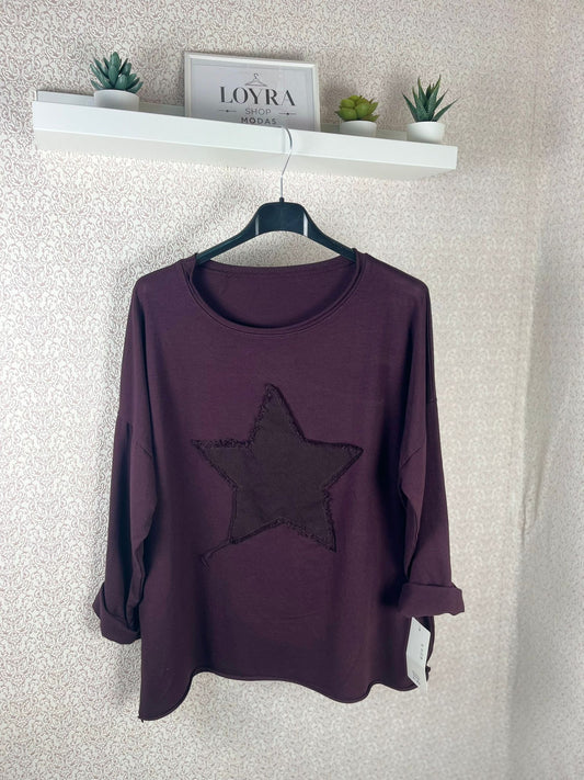 Blusa Berenjena con Estrella Bordada - Estilo Oversize Premium